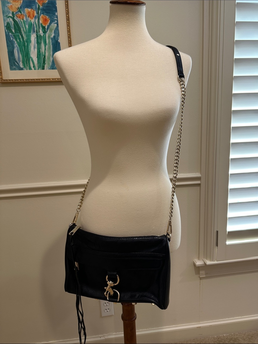Rebecca Minkoff Black Leather Crossbody with Gold Chain Strap